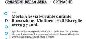 Morta durante una liposuzione la influencer Alessia Ferrante.