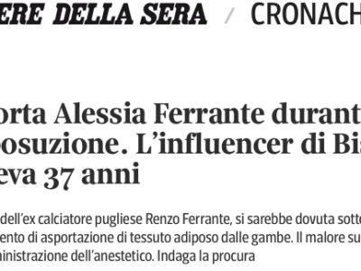 Morta durante una liposuzione la influencer Alessia Ferrante.